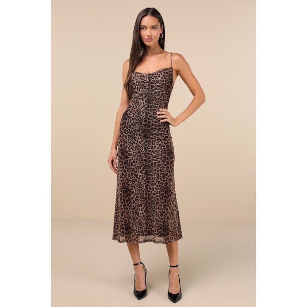 Lulus Flirty Destiny Brown Leopard Print Mesh Cowl Neck Midi Dress - Size L